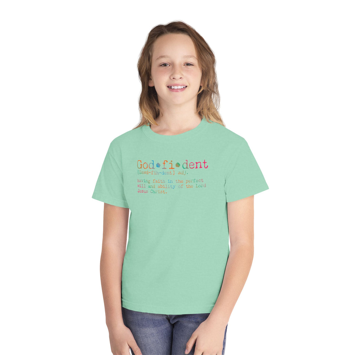 Youth Tee – "God•fi•dent" Colorful Christian Faith Shirt